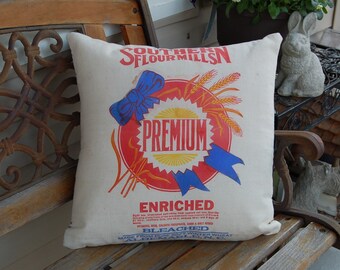 Vintage Flour Sack Pillow Cover - Navy and White Mattress Ticking 18"x18"