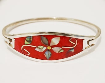 Sterling Silver Stamped Abalone Inlaid Bracelet.