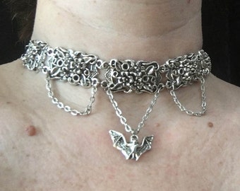 gothic bat choker necklace silver