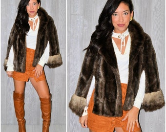 Brown Fur Poncho Cape Faux Fur Outerwear Glam Fall Winter Furry Vintage 80's Size Medium Large Boho Hippie Chic Bohemian Warm Fur Coat