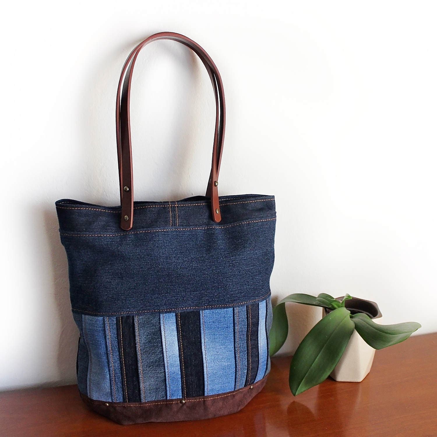 Upcycled Denim Patchwork Tote Bag Purse Unique Handmade
