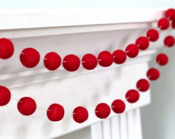 Red Felt Ball Garland- Pom Pom-Christmas Valentines Holiday- Wedding- Party- Childrens Room Nursery