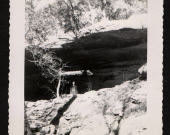 Vintage Snapshot Photo Camouflaged Woman Standing Under Rock Overhang 1950's, Original Found Photo, Vernacular Photography