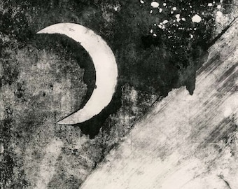 Large Moon Print, Cresent Moon Print, Print Making, Mono Print, Wall Art, Modern Wall Art, Fine Art Print, Art Black White, Minimalist