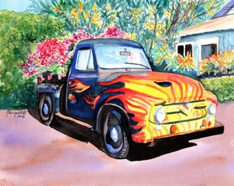 Hanapepe Truck 8x10 giclee print from Kauai Hawaii old trucks flames kauai fine art kauaiartist marionette kauai paintings