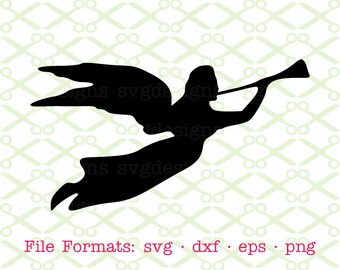 Angel SVG, Dxf, Eps & Png. Digital Cut Files for Cricut, Silhouette; Flying Angel with Trumpet Svg, Angel Silhouette, Angel Christmas Svg