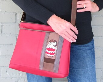 Large Vegan Leather Crossbody Bag - Owl Red Crossover Bag