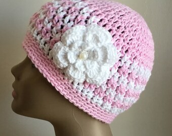 Women’s crochet hat, summer / spring, COTTON, chemo hat, Pink, white, removable flower, Ready to ship. S68