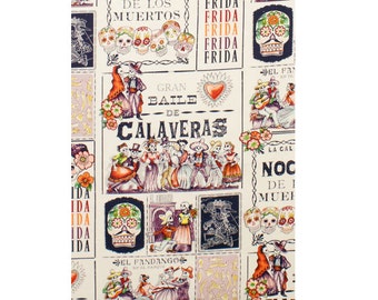 Day of the Dead Frida Baile de Calaveras in Eggplant 100% Cotton Fabric, Tea background by Alexander Henry