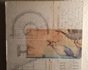 Mixed media and collage on wood panel.