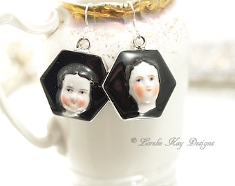 Frozen Charlotte Doll Head Earrings Tiny China Doll Hoop Resin Sterling Earrings Lorelie Kay Original