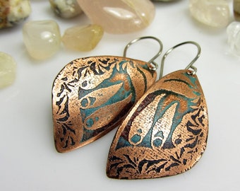 Copper Earrings Dangle, Copper Earrings Handmade, Copper Jewelry Handmade, Copper Anniversary, Boho Earrings, Etched Copper Earrings, Gifts