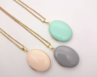 Oval Photo Locket Enamel Necklace//Long gold surgical steel chain Locket necklace//Hypoallergenic pastel color photo locket peach mint gray