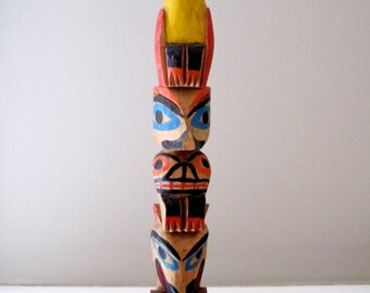 TOTEM POLE Vintage Wooden Hand Painted Hand Carved Totem Pole 70s Northwest Coast