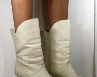 Vintage riding high heel women white mid calf Leather fashion campus boots 7 M B