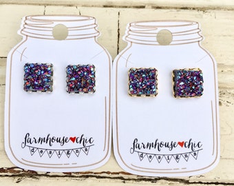 RAINBOW Square Druzy Earrings