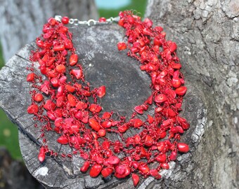 Red Valentine Necklace for her Air Necklace Coral Necklace Gemstone Air Necklace Gemstone beadwork airy bead necklace Chunky necklace