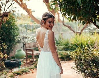 Wedding Dress, V Neckline, Shiny Lace Top, Beach Wedding, Glam, Train Skirt, Modern, Lace Wedding Dress, kala kala bridal, Open Back, Modern