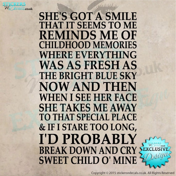 Sweet Child Of Mine Step Brothers Lyrics Guns n Roses Sweet Child of Mine Lyrics Vinyl Wall Art Wall