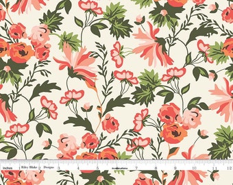 Coral Floral Fabric, Floral Quilt Fabric, Riley Blake Apricot & Persimmon C4900 Main Cream, Carina Gardner, Peach Floral Fabric, Cotton