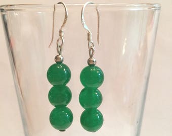 Beautiful Handmade 8MM Green Jade Dangle Earrings Entirely In 925 Sterling Silver - Free Shipping #155
