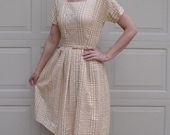 1950's 1960's golden yellow PLAID BELTED DRESS S