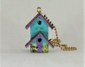 Birdhouse Light / Fan Pull , Turquoise and Lavender Trim Two Story Birdhouse Light / Fan Pull , Hand Painted