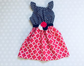 Sleeveless Navy and Peony Girl's Dress - Baby Girl Dress - Girls Dresses - Spring Dresses - Sleeveless Dresses - Hot pink Dress - Easter