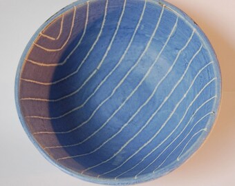 Stoneware bowl. Blue and white striped pottery bowl. Blue cereal bowl. Studio pottery. Artisan made