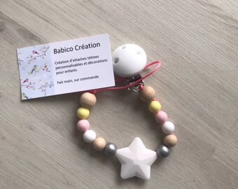 Pacifier clip in silicone and natural wood without name