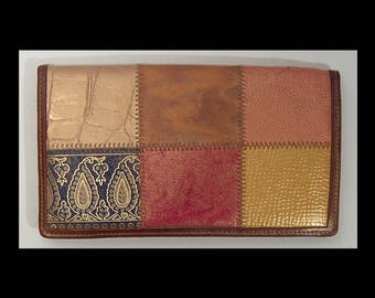 Vintage Braccialini patchwork leather wallet ~ Made in Italy ~ bronze gold paisley rust black metallic colorful faux crocodile reptile
