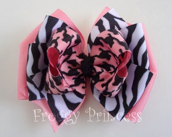 Pink and Black Hair Bow - Boutique Bow - No Slip Velvet Grip Hair Clip