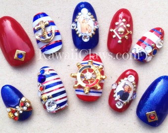 Pinup girl Nautical Nails with stripes kawaii full well false 3D japanese nail art