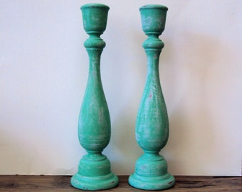 Bohemian Distressed Candlesticks - Set of 2 Tall Teal Turquoise Candle Holders - Wooden Gypsy Candle Sticks - Colorful Shabby Boho Decor