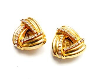 Vintage Rhinestone Triangle Earrings - Clip On Earrings - Large Bold Style - 1980s 80s Style - Gold Tone Metal