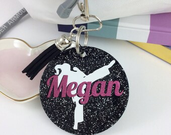 Karate girl gift, glitter bag tag, Personalized bag tag, karate gift, gifts for martial arts, monogrammed