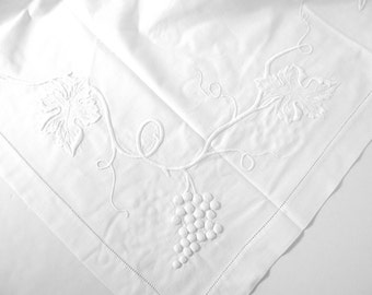 Vintage White on White Small Tablecloth Bold Grapes and Leaves Embroidery, 38 x 40 Inches