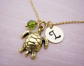 Sea Turtle Necklace - Gold Initial Necklace - Birthstone Necklace - Initial Disc Necklace - Personalized Necklace - Sea Turtle Charm