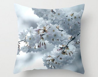 Throw Pillow Cover, Cool Blossoms - Fine Art Photography, Spring Flowers, Gentle Floral, White Blue Dreamy Translucent, Soft Pastel Pillow