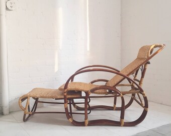 Vintage Rattan Chair with Pull Out Ottoman. Boho Reclining Lounge Chair