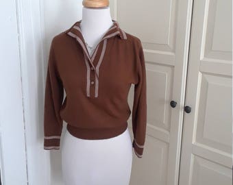 50% Off SALE!! 1950s Cocoa Brown Pullover Sweater, 3/4 Sleeves, Piping, Bombshell, Sweater Girl, Size M, 39B