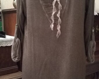Fine and lace knit long sweater taupe color