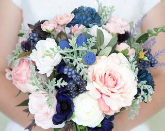 Navy Bouquet, Blush and Navy Bouquet, Pink and Navy Bouquet, Silk Bridal Bouquet, Bridal Bouquet, Wedding Flowers, Silk Flower Bouquet