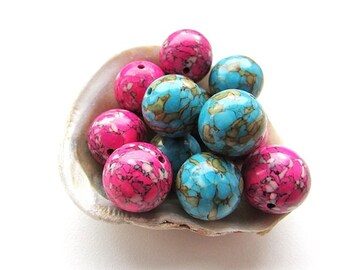 Assorted Mosaic Turquoise Beads 14mm Round Stone Beads Sky Blue Hot Pink Mosaic Turquoise Gemstone Beads Center Drilled (8)