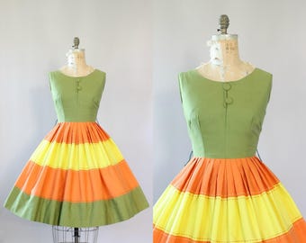 Vintage 50s Dress/ 1950s Cotton Dress/ Olive Green, Orange and Yellow Striped Cotton Dress w/ Full Skirt L