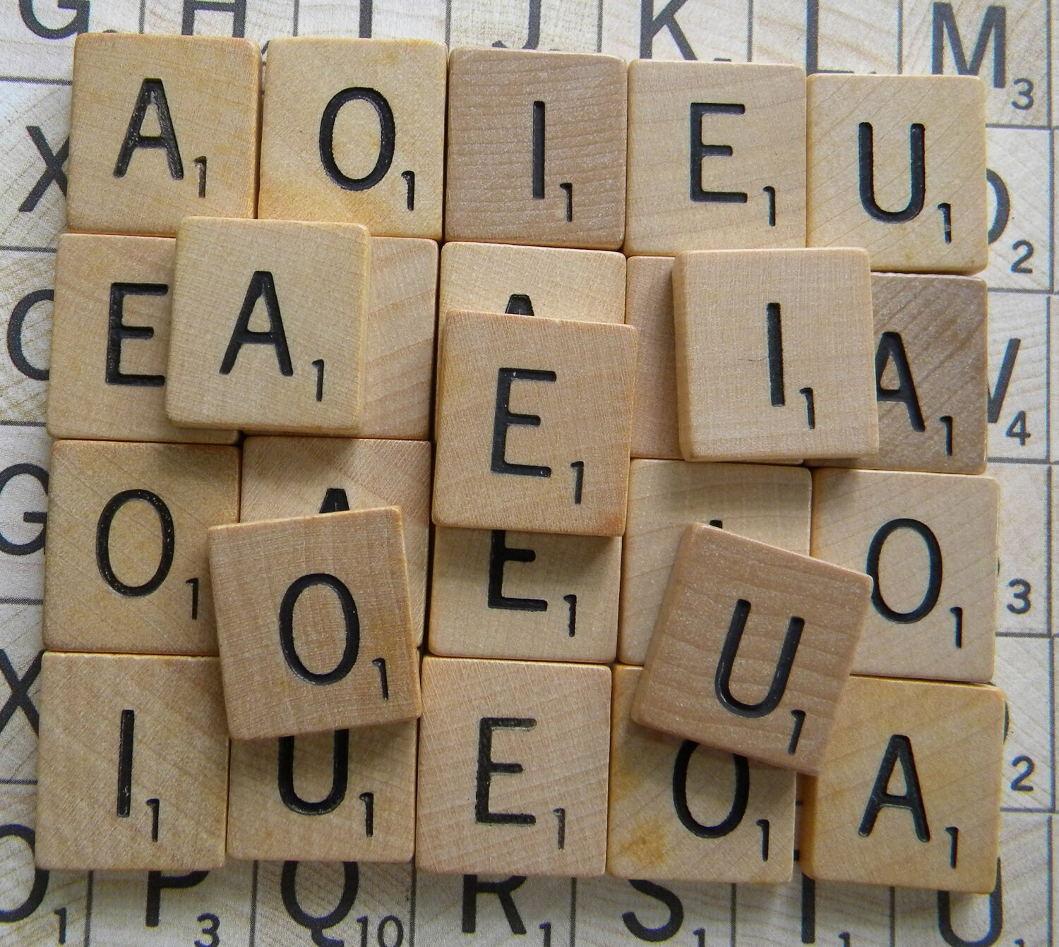 25 VINTAGE Wood Scrabble Tiles VOWELS Only for Jewelry