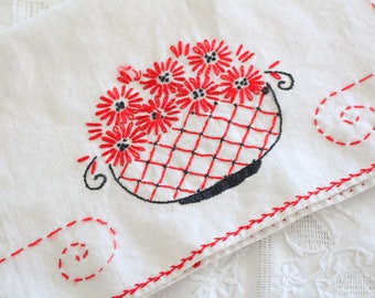Vintage Cross-Stitched Cotton Table Runner, Farmhouse Decor