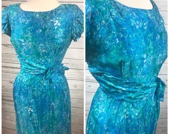 60's floral spring dress - vintage 50's wiggle dress - blue mad men dress vintage - 60's floral dress