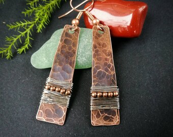 Hammered copper and silver filled wire earrings, mixed metal earrings, dangle copper earrings, long copper earrings, made to order