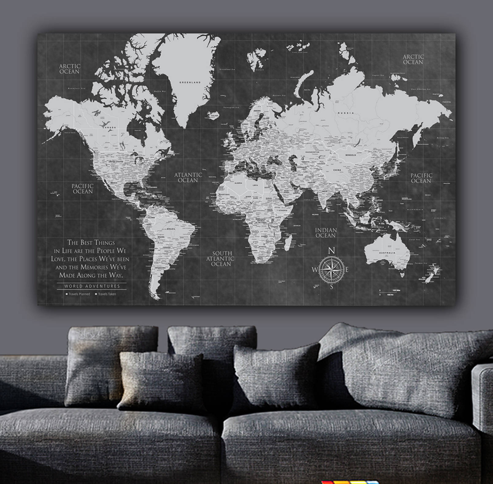 Current Push Pin World Map ONE Panel Gallery Wrapped Art